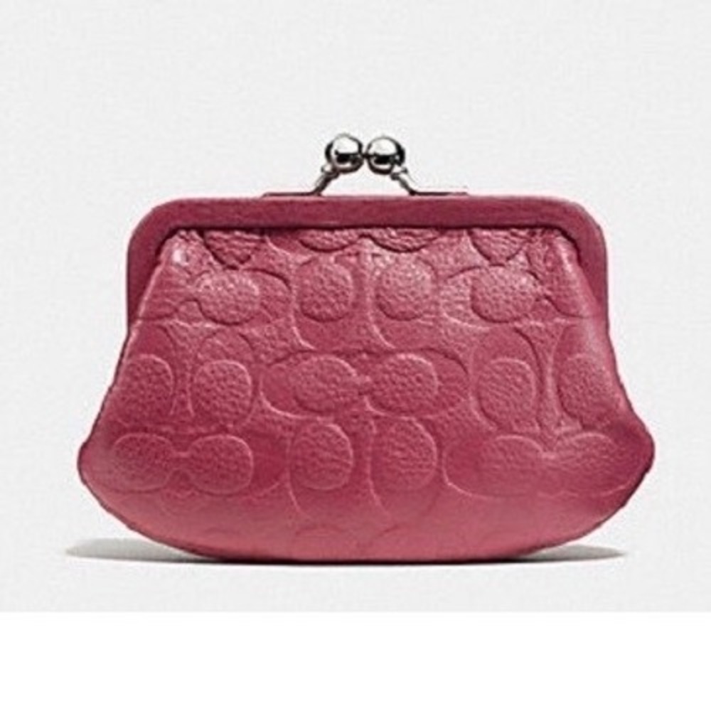 Coach Pink Embossed Leather Signature C Kisslock Coin Purse Wallet